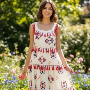 Maxi Dress Small Tiered Red White Blue Boho Tassles Festive